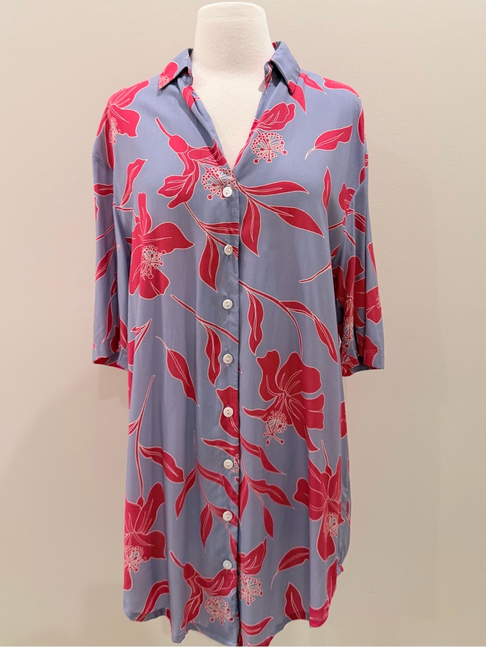 Women's Blue Button-Down Shirt with Pink Floral Print
